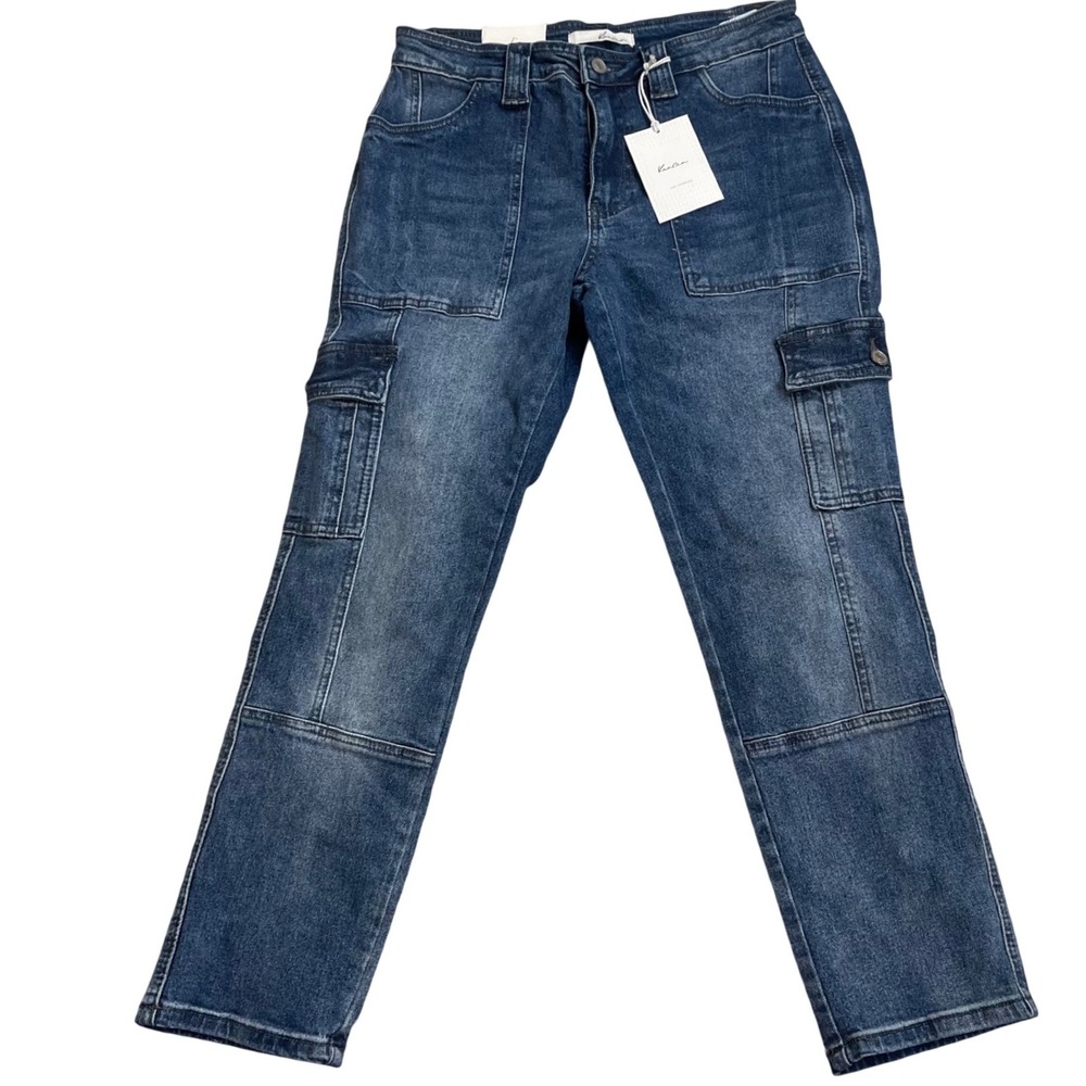 Kancan High Rise Cargo Straight Leg Jeans Medium Wash Blue KC7843D Size 7/27 NEW
